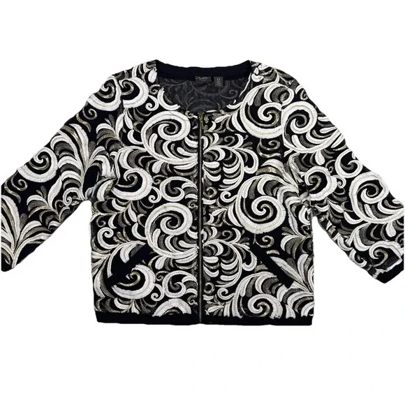 CHICO'S Travelers Scrolled Bomber Jacket Small Front Zip 3/4 Sleeve - Picture 5 of 15